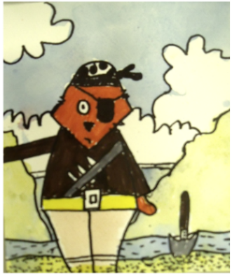 The hop over horizon line is a new concept for 99.9% of new students.As you can see the 'Beach Line' at the bottom goes right through the pirates' pants. As there are 'no mistkes in art', we just covered his legs with sand. Grade 5 student's first class.